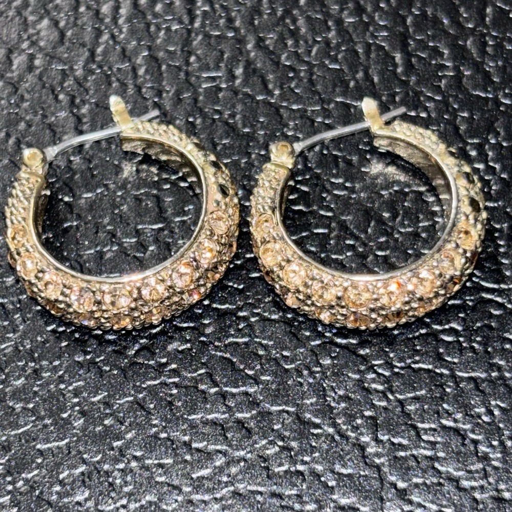 Vintage MONET McKinley C-Shaped Modern Yellow Rhinestones Crystal Hoop Earrings